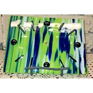 Funky Fused Glass Clock Face Green Blue White Stripes